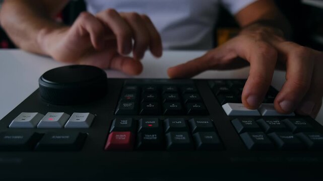 Close-up of a video editor's hands operating a professional editing keyboard with a jog wheel and dedicated shortcut keys, shallow depth of field in a studio setting
