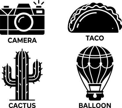 Set of four black and white vector icons representing a camera taco cactus and hot air balloon