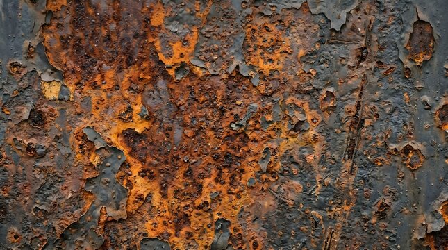 Closeup of weathered and rusted metal surface with peeling grey paint and rough orange corrosion texture