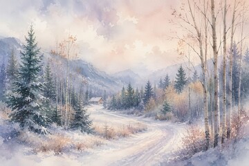 Fototapeta premium Dreamy watercolor winter forest landscape with snowy path