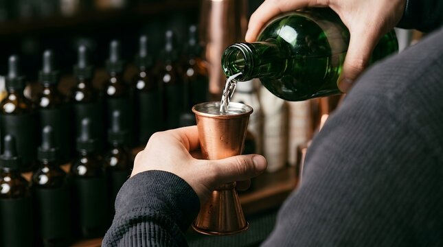 Bartender pouring clear liquor from green bottle into copper jigger at craft cocktail bar counter