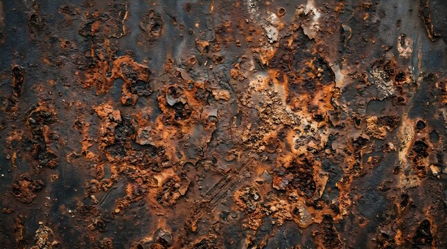 Macro closeup abstract texture of dark weathered metal surface severely damaged with rough orange and brown rust flakes
