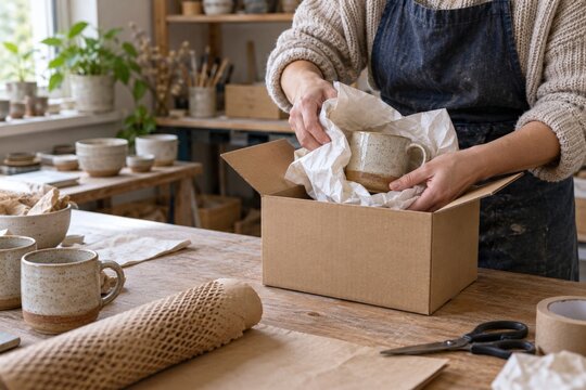 Small business owner packing an online order