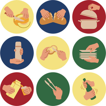 Picnic hands flat vector illustration set of nine hand gestures: slicing a melon, tearing a loaf and hefting a lid