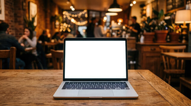 Open laptop computer with blank screen on a wooden table in a bustling restaurant or pub setting