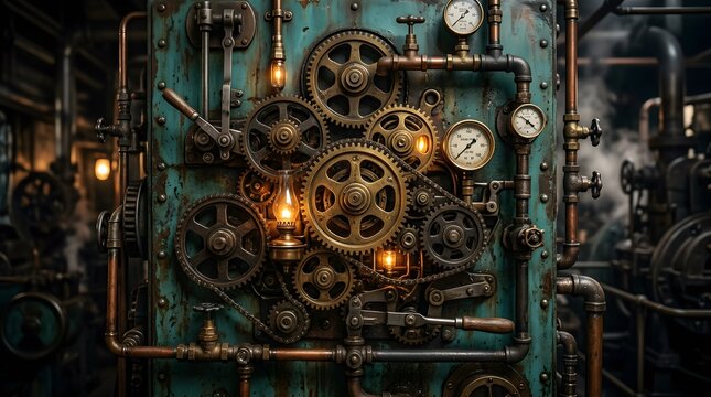 Intricate steampunk machine control panel with brass gears, copper pipes, gauges, and lit oil lamps in a factory