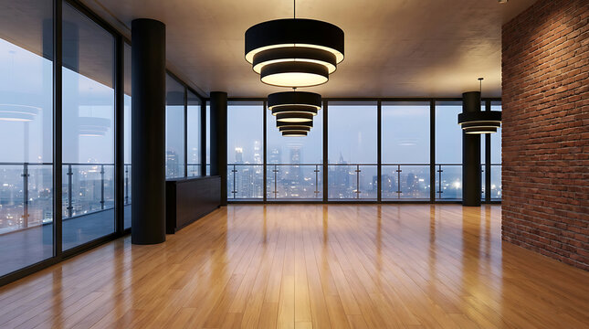 Modern empty loft interior with brick wall
