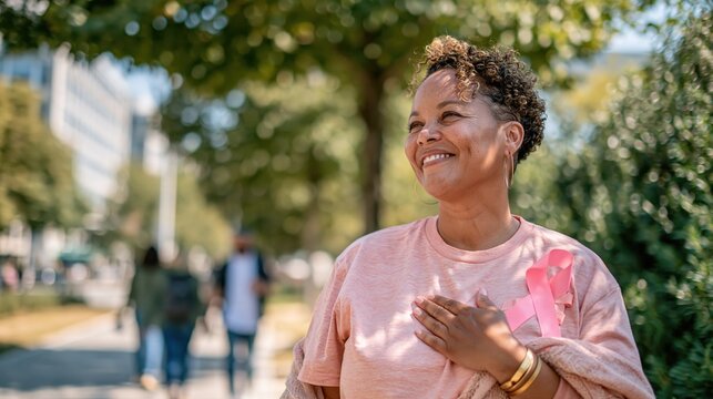 Smiling woman in pink shirt with breast cancer ribbon, natural and grateful in a sunny park with copy space for health and hope campaigns