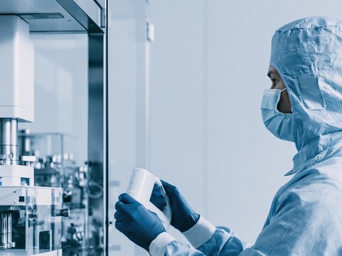 Air sampling by a technician in a pharmaceutical cleanroom, featuring a sterile, high-key environment for microbiology monitoring and compliance