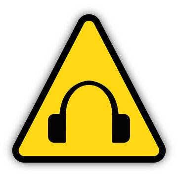 Yellow triangle with hearing protection symbol as a warning sign for industrial safety. Transparent background.