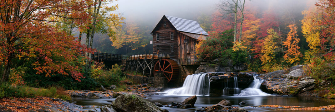 a rustic wooden mill situated within a dense forest during autumn. The mill has a sloping roof and a large, red wheel. The surrounding trees display a spectrum of autumnal colors red, orange, yellow.