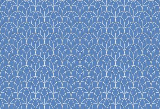 Blue White Art Deco Fan Scale Geometric Seamless Vector Pattern