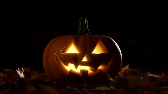 Glowing Halloween pumpkin flickers as autumn leaves drift through a dark night setting