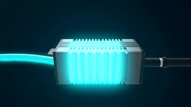 Cyan optical signal passing through a finned electronic module against a dark background