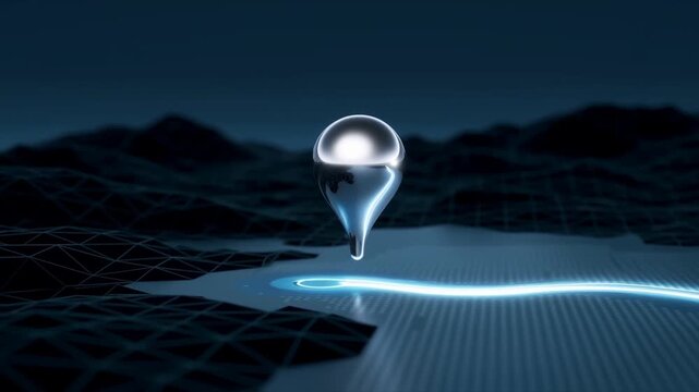 Reflective teardrop object hovering above a glowing digital grid in a dark futuristic landscape
