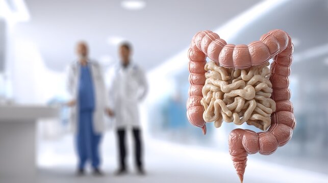 Colon Cancer Screening medical illustration, colorectal cancer early detection concept, examination of large intestine to find polyps and malignant tumor, gastroenterology diagram showing colon 
