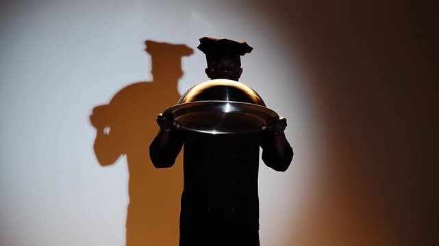 Graduate Raises a Reflective Covered Serving Tray in Dramatic Indoor Light
