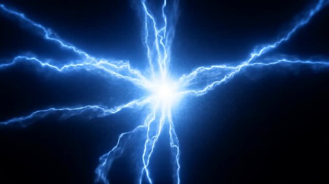 Blue lightning branches burst outward from a brilliant electric center against a dark background