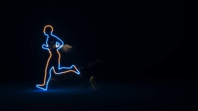 Neon human silhouette running through glowing particles against a dark background
