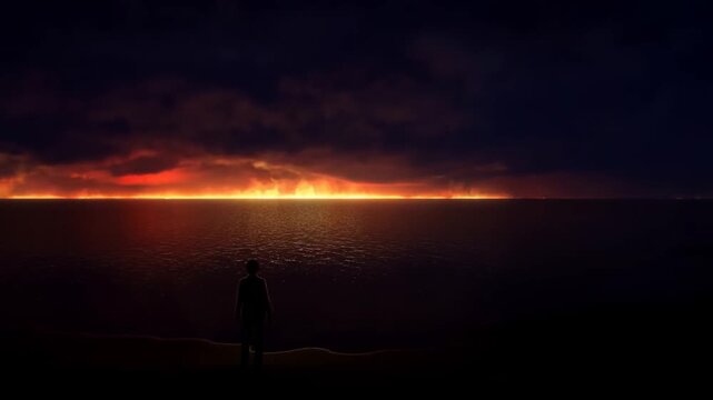 Silhouette Standing Beside Dark Ocean as Lightning Flashes Beneath a Glowing Storm Horizon