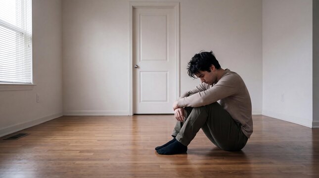 A young man sits alone on the floor of an empty room, his head bowed in contemplation.