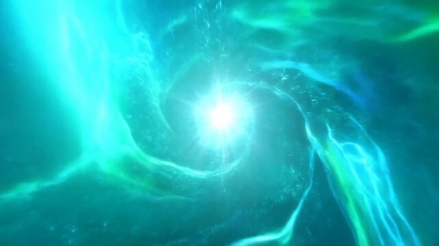 Blue and Green Luminous Strands Swirling Around a Bright Center in Abstract Dark Space