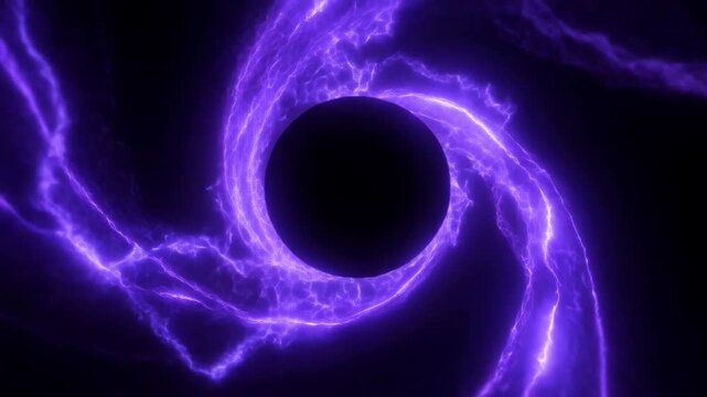 Glowing purple energy rings spiral around a dark central sphere in an abstract space