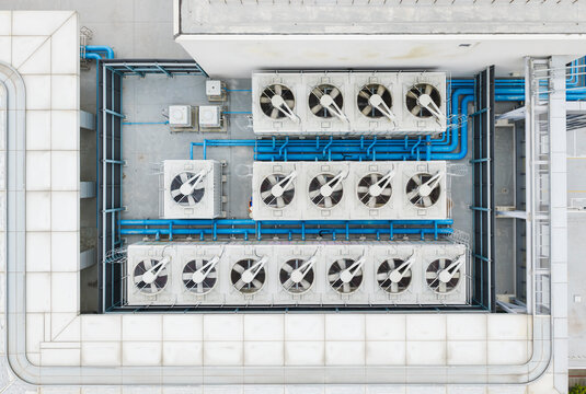 Top&acirc;Down View of Commercial Rooftop HVAC Cooling Units