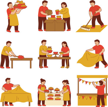 Bake sale stall flat vector illustration set of eight scenes: hefting a platter, packing up and sweeping a floor