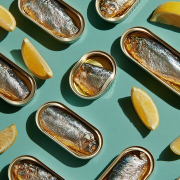 Seamless pattern of open sardine tins and lemon wedges on a dusty teal background, oily and glossy for deli packaging and menus