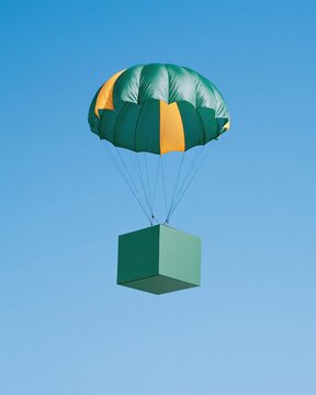 Striped parachute lowering a blank green box against a bright blue background, a clean mockup for airdrop and delivery concepts