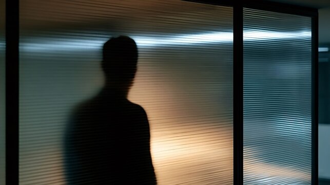 Person's dark silhouette standing behind a ribbed frosted glass partition, creating a sense of privacy, anonymity, and mystery in an office setting with warm and cool light
