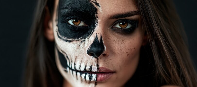 Woman with split - face skeleton makeup under dramatic beauty lighting
