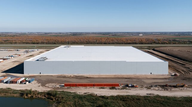 Aerial view of a massive data center construction site with a sleek white exterior and muddy yard, for tech infrastructure and industry news