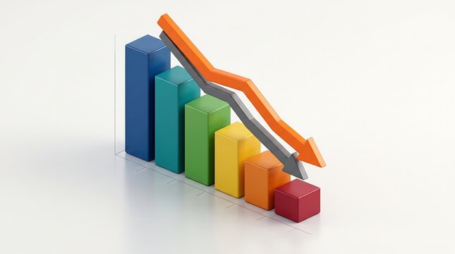 3D financial graph downward trend, colorful bar chart business loss icon, economic recession analysis