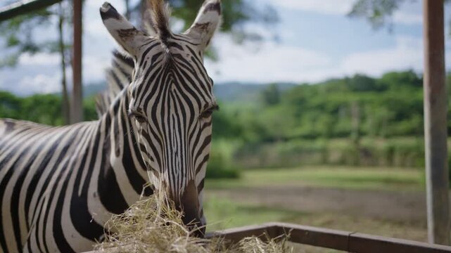 Zebra eating hay in the zafari zoo