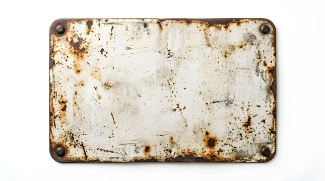 Rectangular metal plate with heavy rust and corrosion isolated on white background