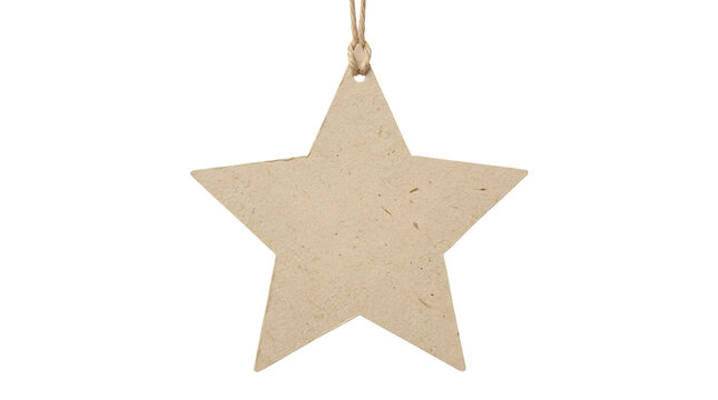 Star shaped kraft paper tag hanging on twine string isolated on white background for Christmas gift or eco-friendly brand packaging mockup.