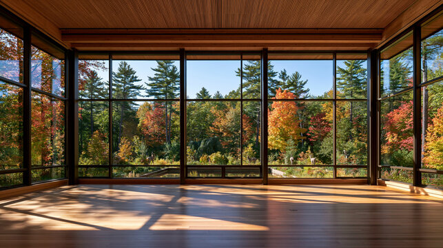 an interior space, likely a modern house or modern architectural structure, features large glass windows that offer a panoramic view of a forested area during autumn.