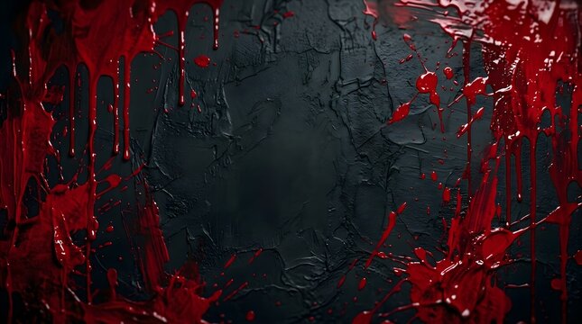 Dark textured background with dripping vibrant red paint splatters, horror or crime scene aesthetic, artistic grunge frame