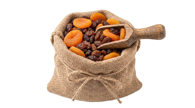 Dried fruits mixture in burlap sack with wooden scoop, sweet raisins and orange apricots, healthy snack ingredients isolated PNG with Transparent Background
