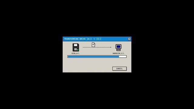 Retro 4K Pixel Art Floppy To Hard Drive Data Transfer Dialog Window Seamless Loop on Transparent Alpha