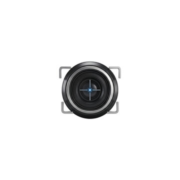 Futuristic 3D camera lens graphic featuring a dark metallic optical aperture with a central glowing blue crosshair reticle isolated on a clean white background
