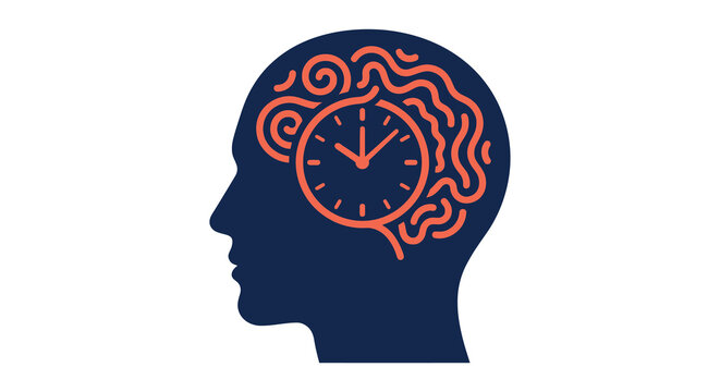 Human head silhouette with clock and brain illustration inside on white