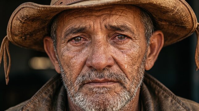Retrato emocionado de vaqueiro idoso chorando com chap&eacute;u de couro no sert&atilde;o nordestino