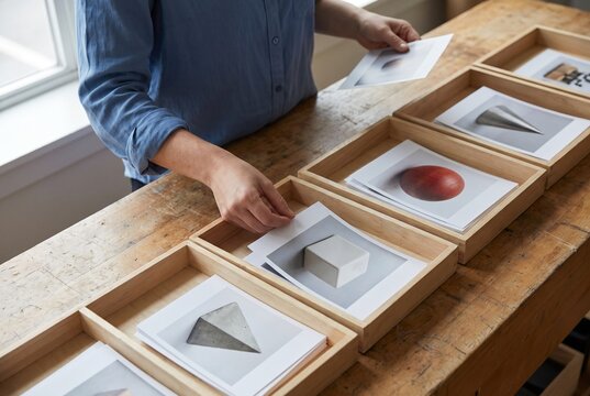 Hands sorting geometric shape image cards into wooden trays