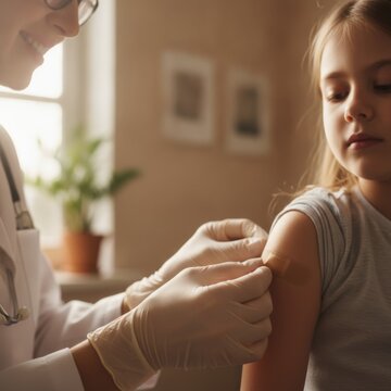 Professional doctor applying an adhesive bandage to a young girl's arm after a vaccination or blood test in a clinic setting, concept of pediatric healthcare and preventive medicine