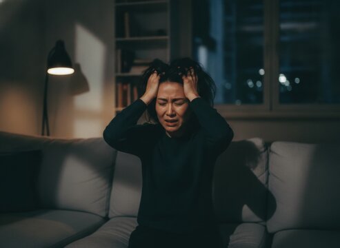 Stressed and overwhelmed woman sitting on a sofa at night holding her head in despair and frustration, concept of mental health struggle and emotional burnout