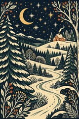 Fototapeta premium Vintage winter night landscape with cottage, moon, stars, pine trees