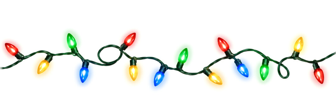 Colorful string of christmas lights isolated on a clean white background